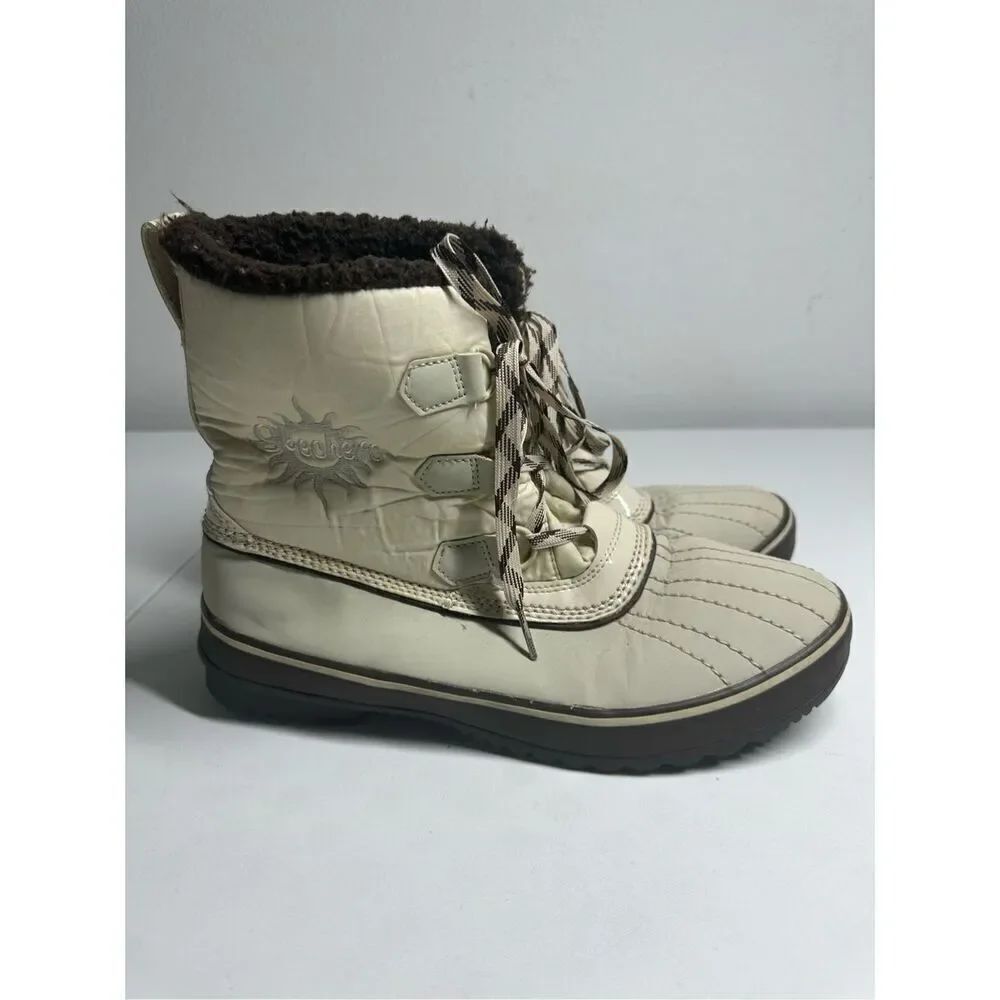 Rare Skechers Waterproof Snow Boots Off White Brown Lined Faux Fur Women’s Sz 11